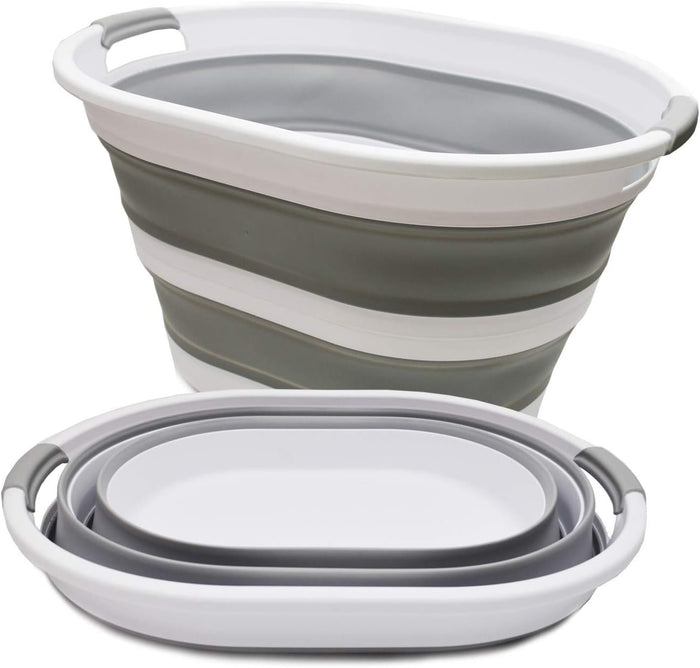 SAMMART 34L(8.98 Gallon) Set of 2 Collapsible Plastic Laundry Basket-Oval Tub/Basket-Foldable Storage Container/Organizer-Portable Washing Tub-Space Saving,Water Capacity 29L(7.66 Gallon) (2, Grey)