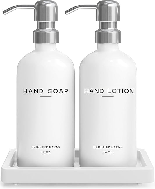 White Glass Soap and Lotion Dispenser Set by Brighter Barns by BrighterBarns