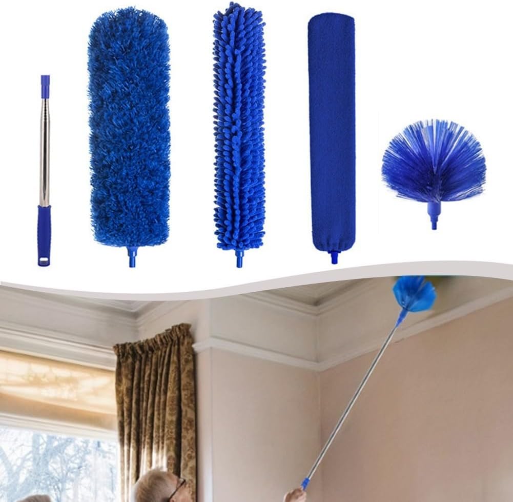 Extendable Duster Having 100 Inch Pole Washable Feather Duster Set for Prime Ceiling Fan and Furniture Cleaning Flexible Bendable Head 5-piece Blue Set
