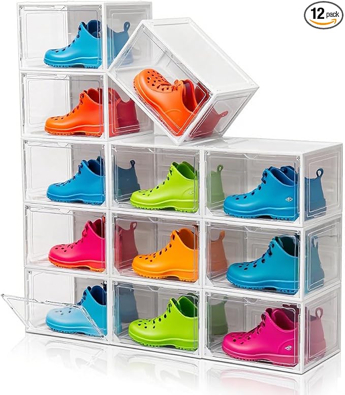 12 Pack White Shoe Boxes Stackable, Large Shoe Storage Organizer by CKHXR