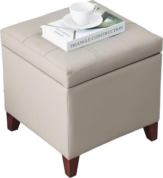 Adeco 18" PU Storage Ottoman, Upholstered Square Faux Leather Foot Rest by Adeco