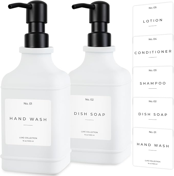 Emerson Essentials Glass Soap Dispenser Set – 16 oz 2-Pack – Refillable Dish & by Emerson+Essentials