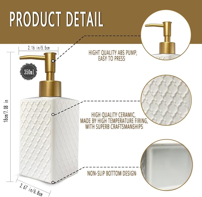 Gold Soap Dispenser for Bathroom, Retro White Square Lotion Dispenser, - Image 6