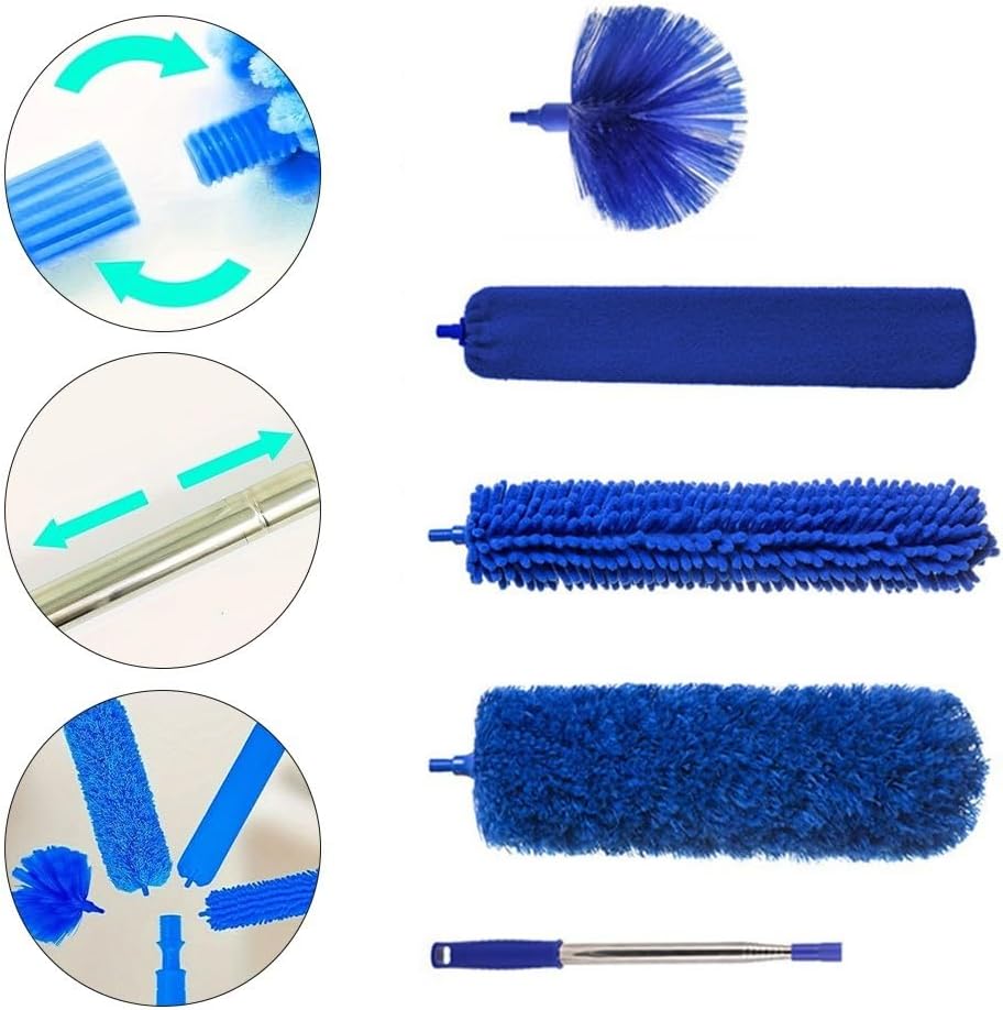 Extendable Duster Having 100 Inch Pole Washable Feather Duster Set for Prime Ceiling Fan and Furniture Cleaning Flexible Bendable Head 5-piece Blue Set
