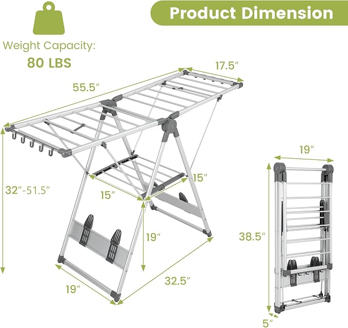 Giantex Clothes Drying Rack, 2-Layer Aluminum Foldable Laundry Drying Rack - Image 7
