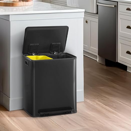 CAPHAUS Black Dual Trash Can w/Single Lid, Trash & Recycle Bins Combo, by CAPHAUS