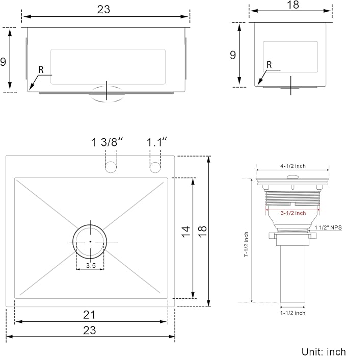 23x18 Inch Kitchen Sink, Handmade 304 Stainless Steel Sink, Topmount - Image 7