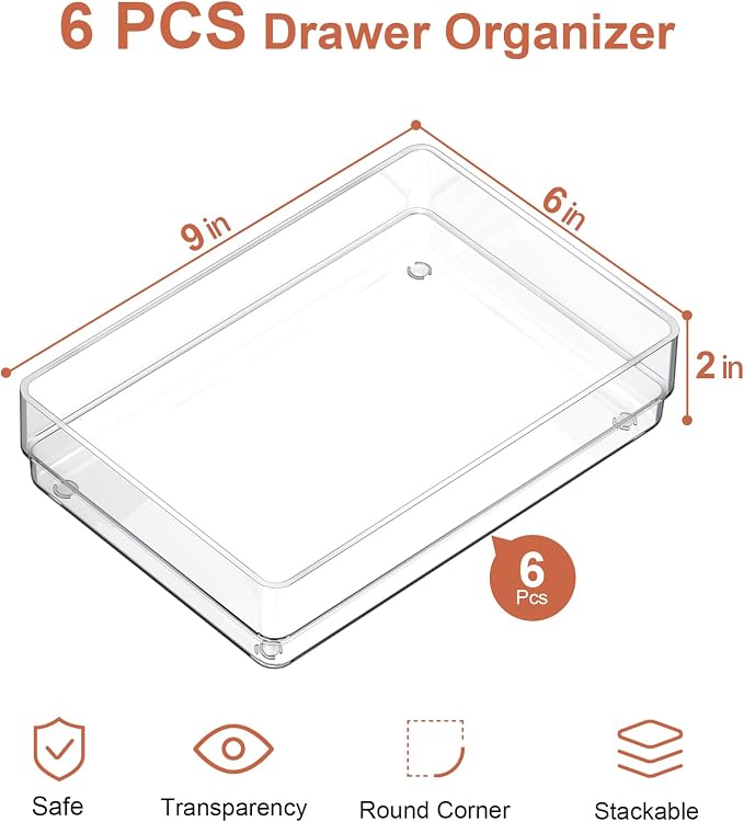 SMARTAKE 6 PCS Clear Plastic Drawer Organizers Set, Large Size Non-Slip Desk - Image 2