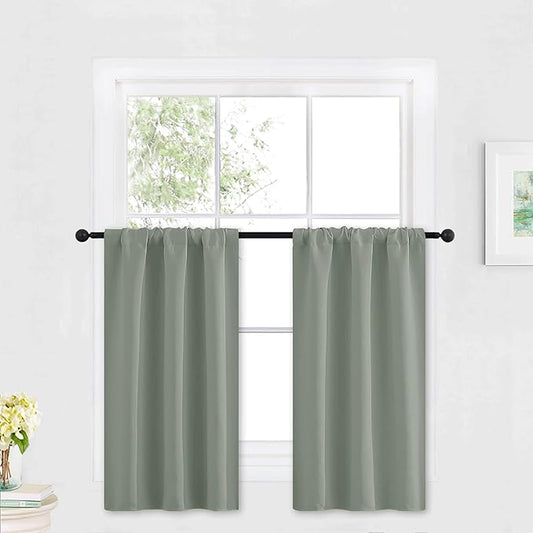 RYB HOME Grayish Green Short Curtains Blackout, 30 inch Durable Cafe Curtains by RYBHOME