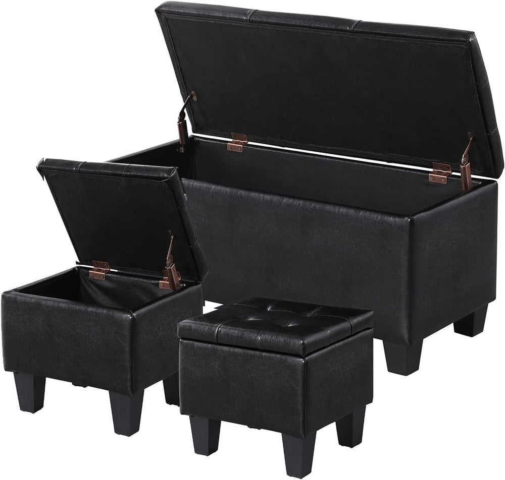 PU Leather Storage Ottomans Set of 3, Tufted Upholstered, Black