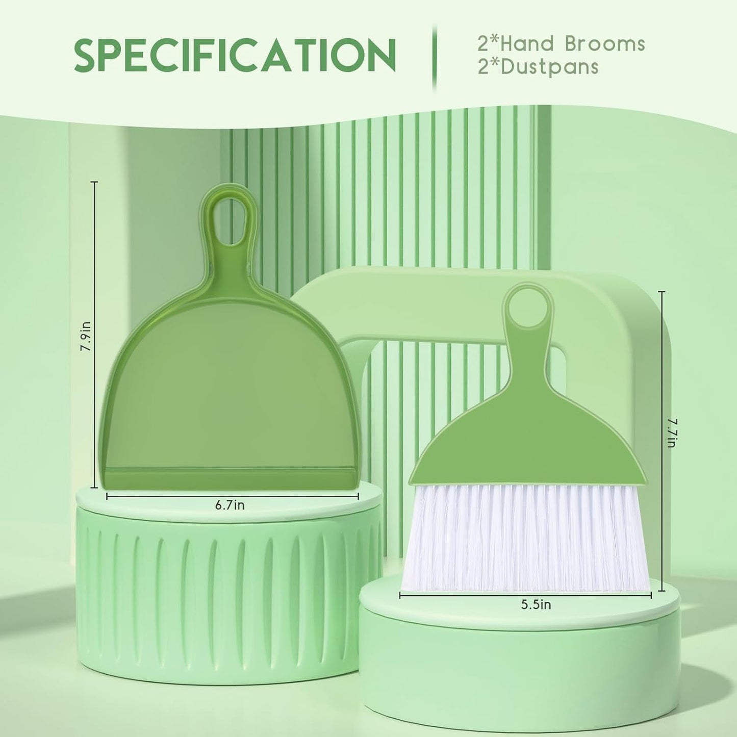 THINKLEARN 2PCS Small Broom and Dustpan Set, Mini Dust Pan and Brush, Hand Whisk for Pets, Kids, Desk, Home, Camping, Green Cleaning Supplies