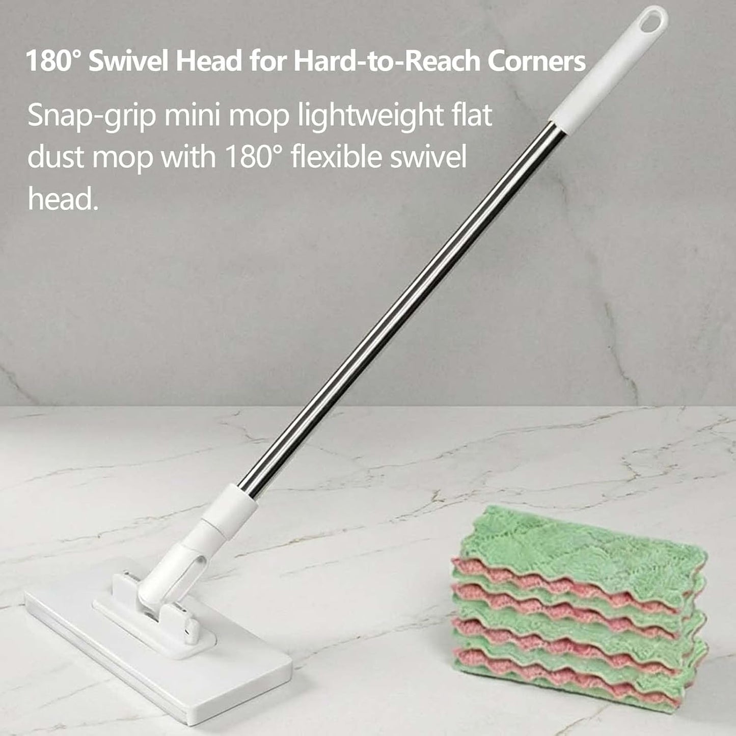 Snap Grip Mini Mop, Hands Free Multi Purpose Flat Mop, Upgraded Disposable Dust, Zero Touch Mini Mops, Convenient Cloth Changing Mops, Foldable Adjustable Long Handle (1pc+ 5 Cloths)