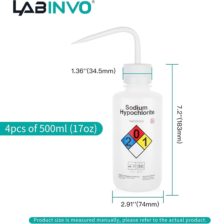 4pcs of Sodium Hypochloride Wash Bottles, Narrow Mouth, Self-Venting Safety - Image 3