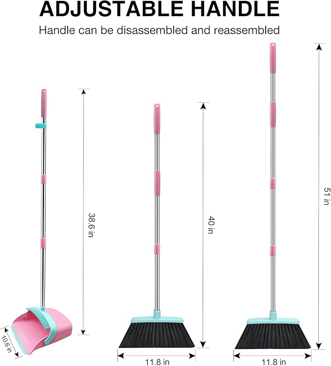 Broom and Dustpan Set, 52-in Long Adjustable Handle Broom Dustpan Combo - Image 2