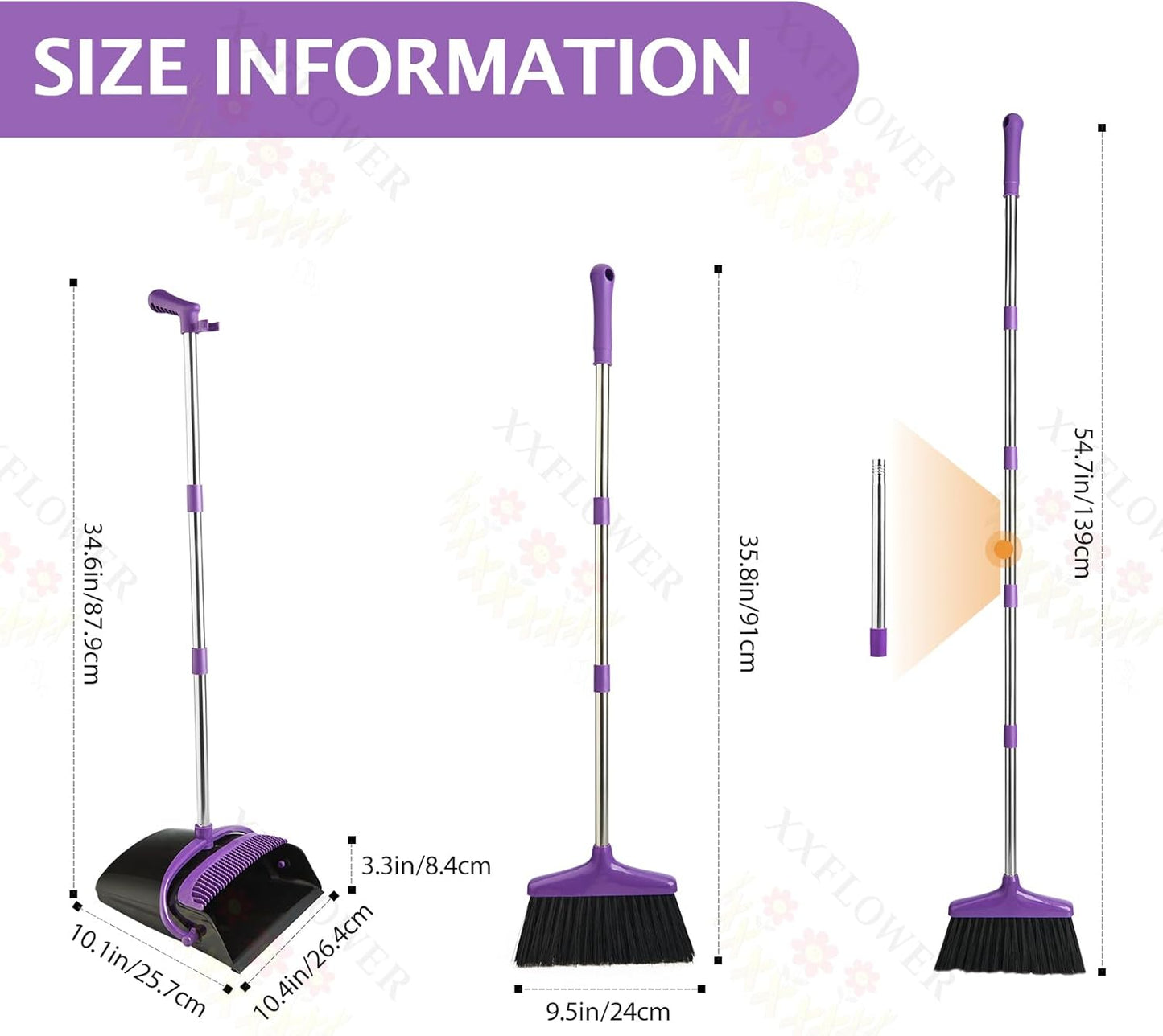 Broom and Dustpan Set with Long Handle, Light Weight Stainless Steel Poles Stand Upright Dustpans with Broom Combo for Home Kitchen Office Pet Dog Hair, 1-Pack (Purple)