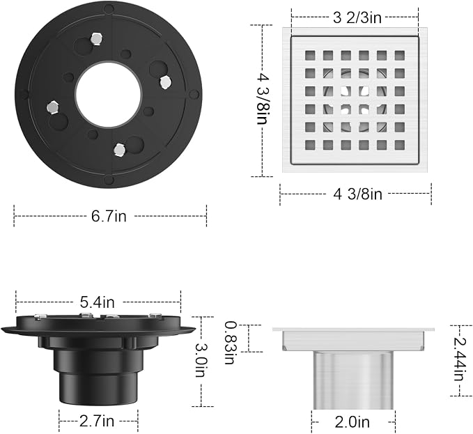 4-3/8 Inch Square Shower Floor Drain Brushed Stainless Steel Drain Kit - Image 3