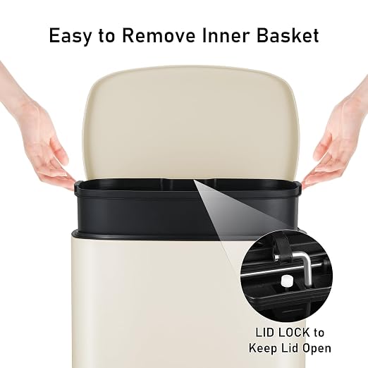 Arlopu 13.2+1.3 Gallon Step Trash Can, Stainless Steel Garbage Bin, Soft-Close - Image 4