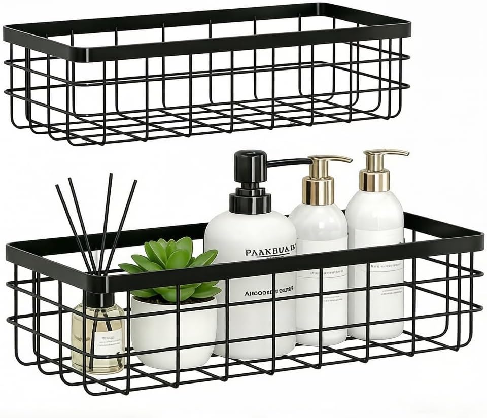 2PCS Adhesive Metal Wire Wall Storage Organizer Hanging Baskets Black M+L | Drill-free mount. Suitable for kitchen, bathroom, pantry, cabinet; serves as spice rack, shower caddy and storage organizer