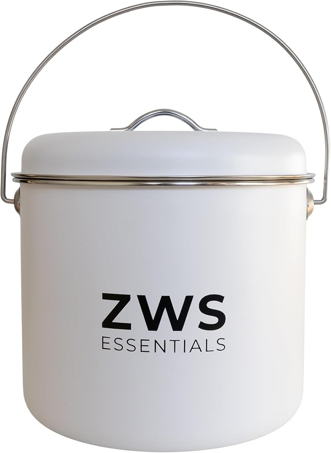 White Stainless Steel Compost Bin | 6.5L Odor-Free Kitchen Countertop Food by ZWSEssentials