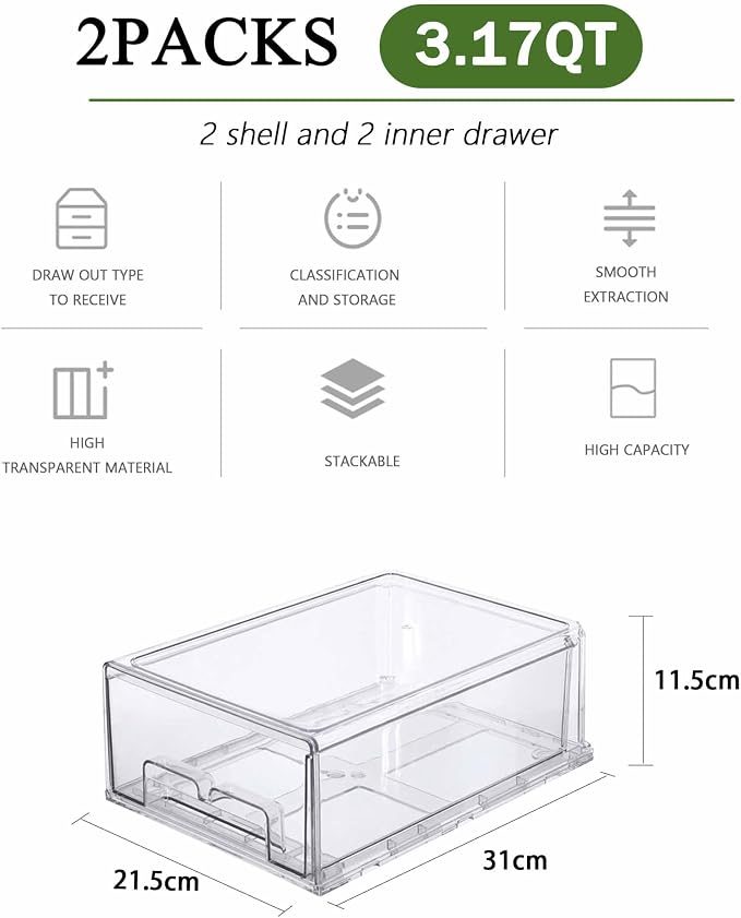 bealy 2 Pack Stackable Clear Storage Drawer, Refrigerator Organizers and - Image 3