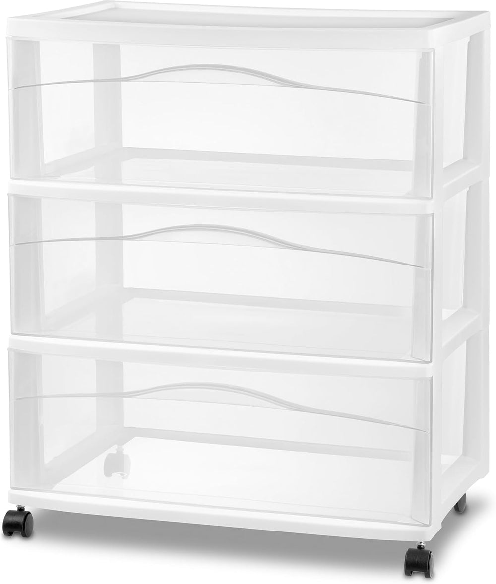 Sterilite Wide 3-Drawer Cart with Wheels for Bedroom and Dresser, 2-Pack