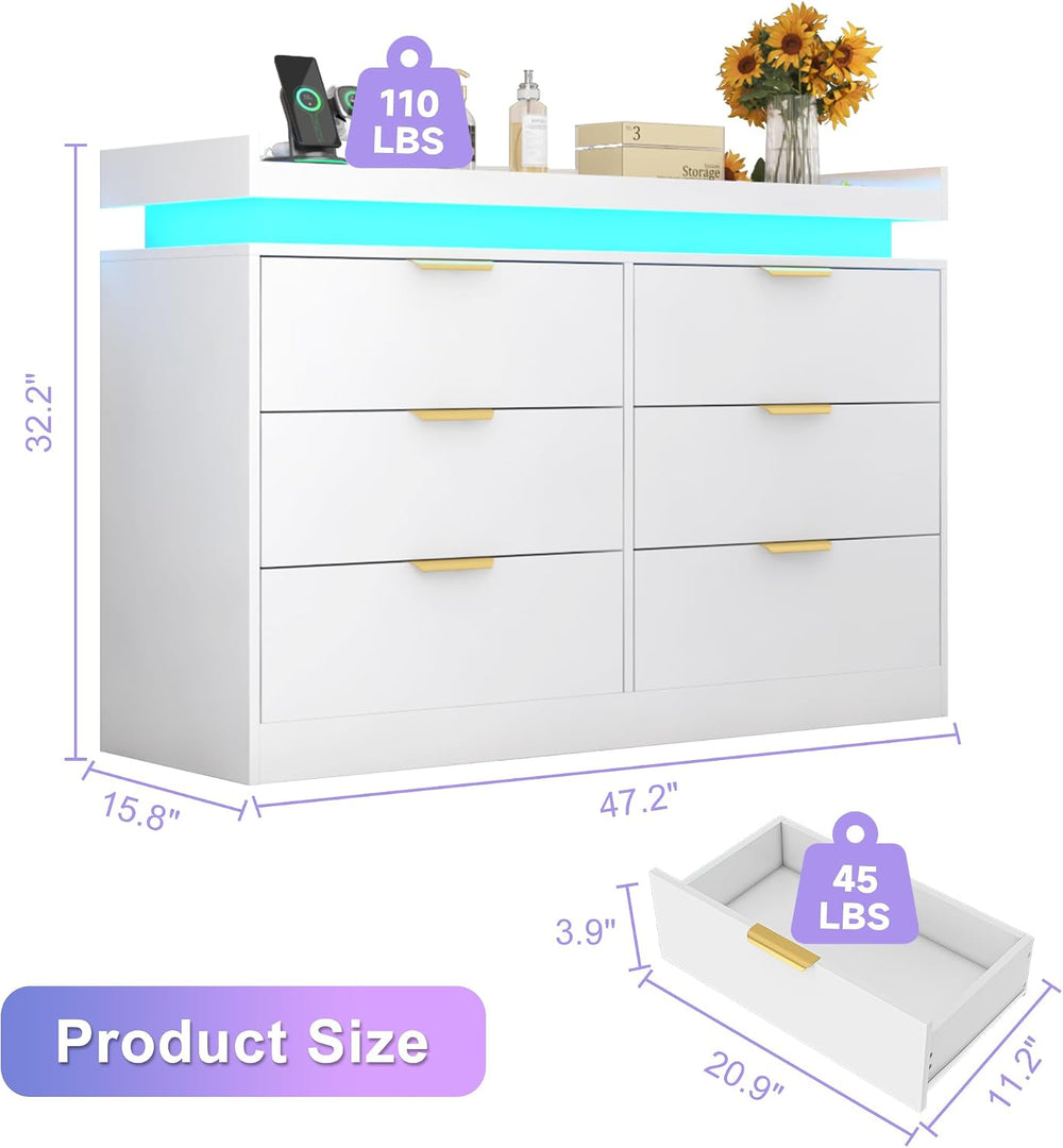 UNIQUITE 6 Drawer Dresser for Bedroom, White Dresser with LED Lights and Powe...