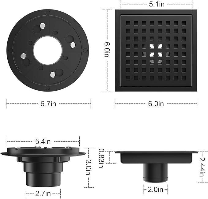 6 Inch Shower Drain Matte Black, Square Bathroom Floor Drain, Stainless Steel - Image 3