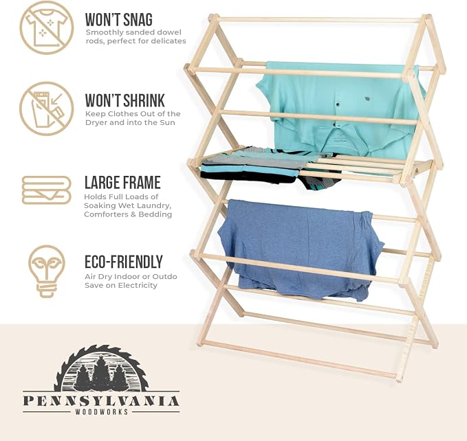 Pennsylvania Woodworks Clothes Drying Rack: Solid Maple Hard Wood Laundry Rack - Image 8