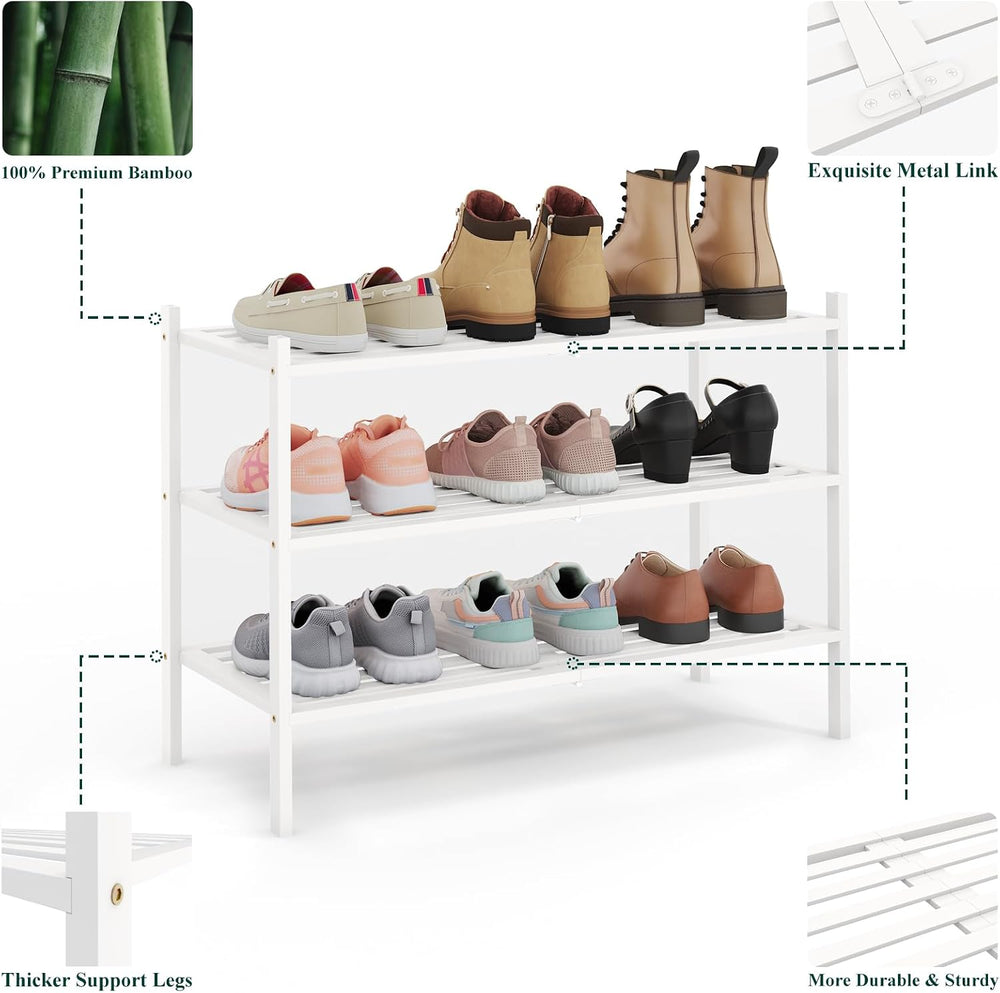 Smiry Bamboo Shoe Rack, 5 Horizontal Slats, 3 Tier - 26.8" Wide, White