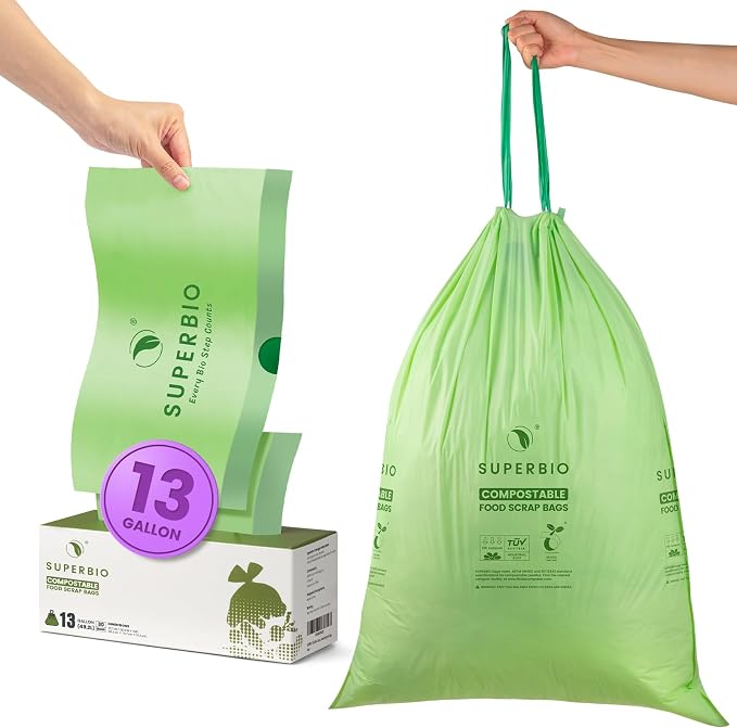 SUPERBIO 13 Gallon Compostable Drawstring Kitchen Waste Bag, 49.2 Liter by SUPERBIOCOMPOSTABLEBAGS