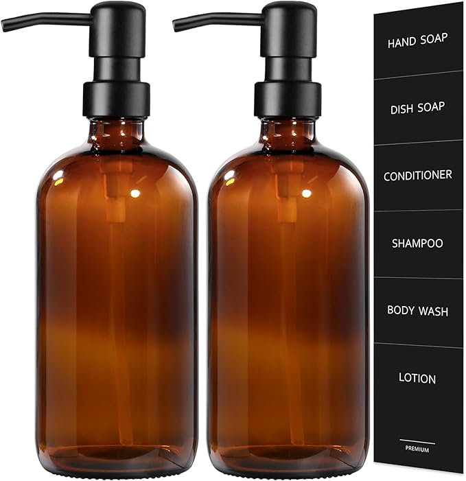 GMISUN Amber Glass Soap Dispenser, 2 Pack Bathroom Hand Soap Dispensers by GMISUN
