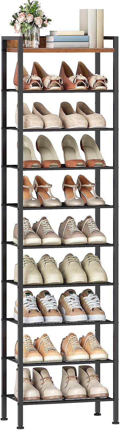 HOOBRO 10 Tier Shoe Rack Organizer with Wooden Top, Narrow Shoe Storage Shelf...