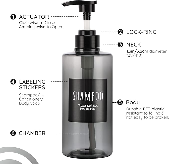 Refillable Shampoo Bottles, Segbeauty 16.9oz Shampoo Dispenser, Labeled Grey - Image 3