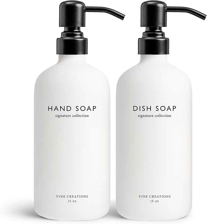Vine Creations White Glass Soap Dispenser Set, Dish Soap and Hand Soap by VineCreations