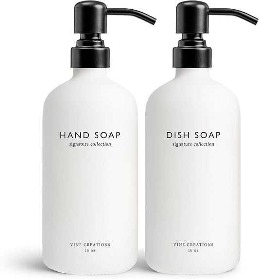 Vine Creations White Glass Soap Dispenser Set, Dish Soap and Hand Soap by VineCreations