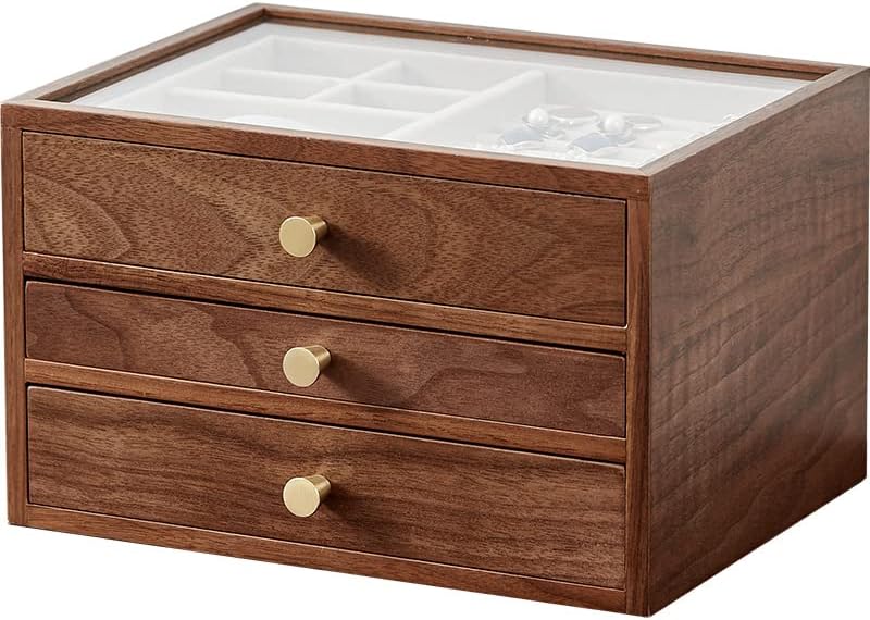 CHOSIN Black Walnut Jewelry Box Wood for Women with Glass Lid, 3 Layer