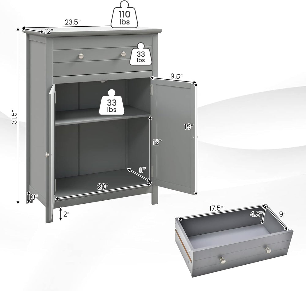 COSTWAY Bathroom Floor Cabinet, Wooden Side Storage Organizer (Grey)