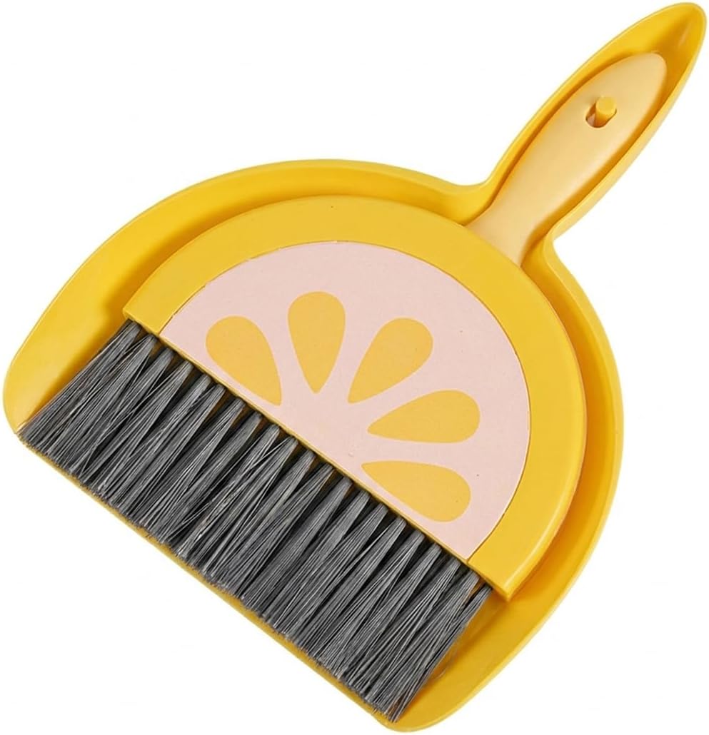 Small Broom and Dustpan Set, Household Dustpan and Brush Set with Ultra Thin Flat Bristles Leak‑Proof Dustpan for Home Cleaning, Tabletop Debris, Keyboards&Clean Pet Cages (Lemon)