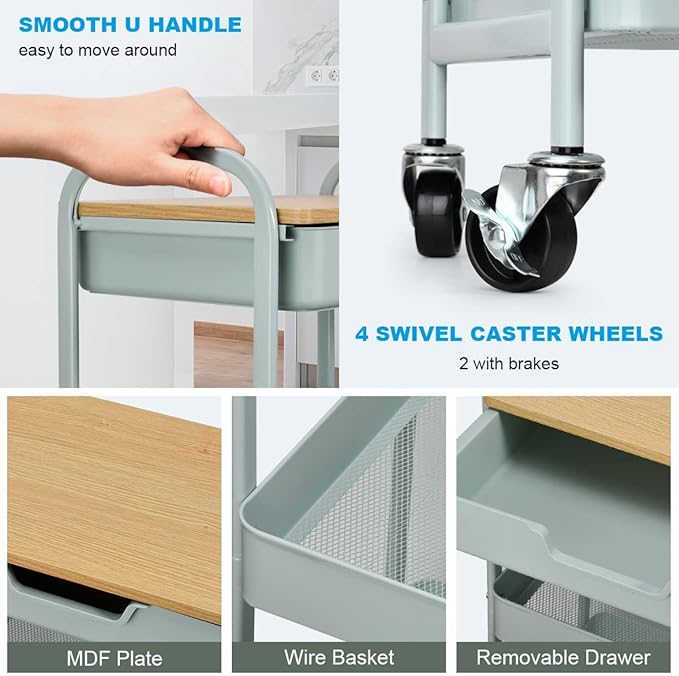 3 Tier Rolling Cart, Utility Cart - Image 8