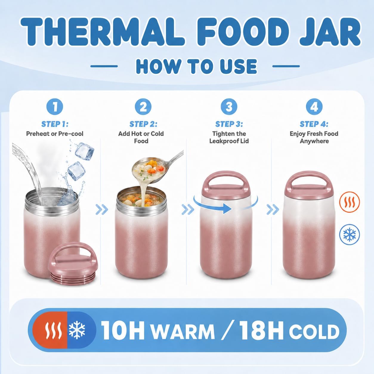 Wide Mouth Thermo for Hot Food and Cold Food 27oz Stainless Steel Vacuum Insulated Food Jar Leak-Proof Soup Jar for Adults Kids, Portable Breast Milk Cooler(Pink)