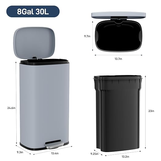 Arlopu 8/13.2 Gallon Step Trash Can, Stainless Steel Garbage Bin, Soft-Close - Image 2