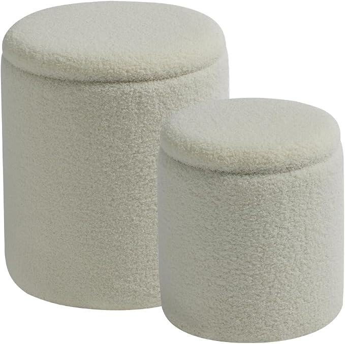 Round Ottoman with Storage Set of 2-Upholstered Sherpa Vanity Stool