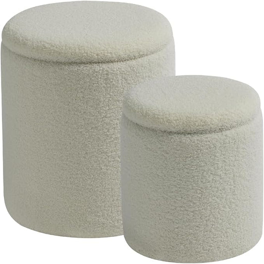Round Ottoman with Storage Set of 2-Upholstered Sherpa Vanity Stool by HomePage