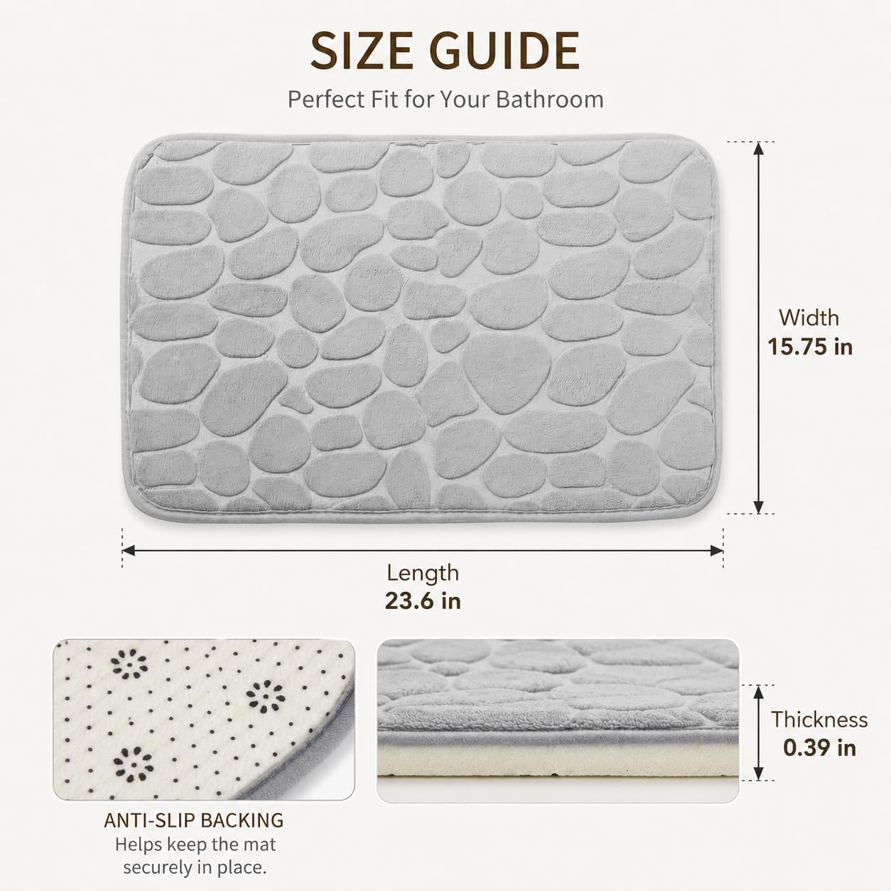Non Slip Water Absorbent Bath Rug, 23.6" x 15.75" Soft and Comfortable Cobblestone Bathroom Rugs, Memory Foam Shower Bath Mat for Bathroom and Kitchen, Gray