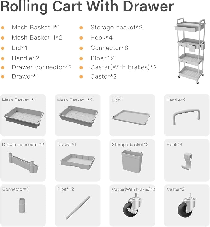 4 Tier Rolling Cart Organizer, Art Craft Diaper Bedside Snack Laundry Room - Image 7