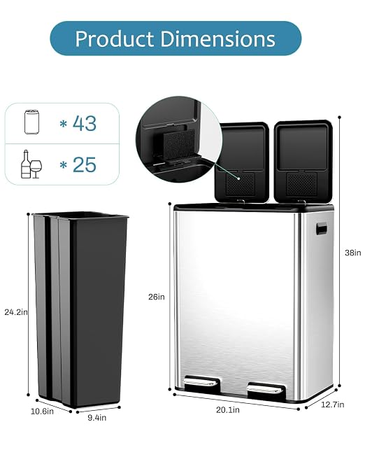 16 Gal Dual Trash Can, Stainless Steel Kitchen Garbage Bin, Recycle Dustbin - Image 2