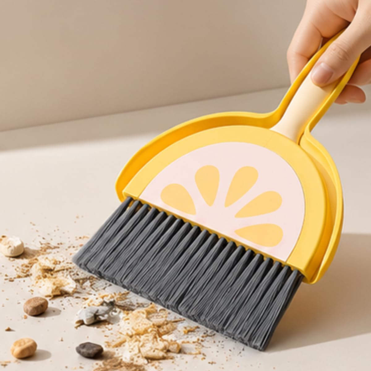 1Set Cute Lemon Mini Dustpan and Brush Set, Adorable Desktop Cleaning Tool, Small Yellow Sweeping Combo for Home, Office, Keyboard, Pet Cage and Desk Debris Tidying