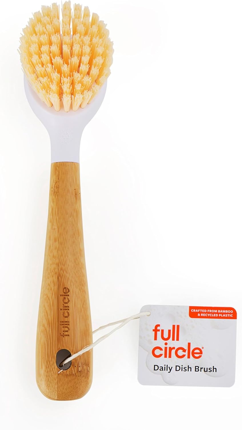 Full Circle Daily Dish Brush-Bamboo Handle Dish Brush–Sustainable Kitchen Cleaning with Tough Bristles-Natural Dish Scrubber,Nonstick & Cast Iron Cleaner-Long Handle Brush for Dishes,Pots,and Pans