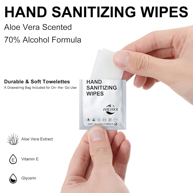 Premium Hand Sanitizing Wipes, Aloe Vera Scent, 70% Alcohol, Individually - Image 8