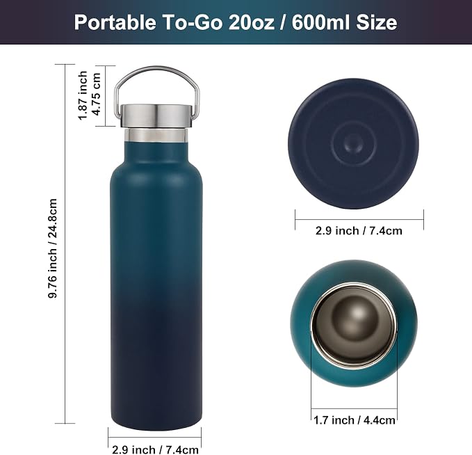 Neihepal 20 oz Insulated Water Bottles Bulk 2 Pack, Stainless Steel Double Wall - Image 5
